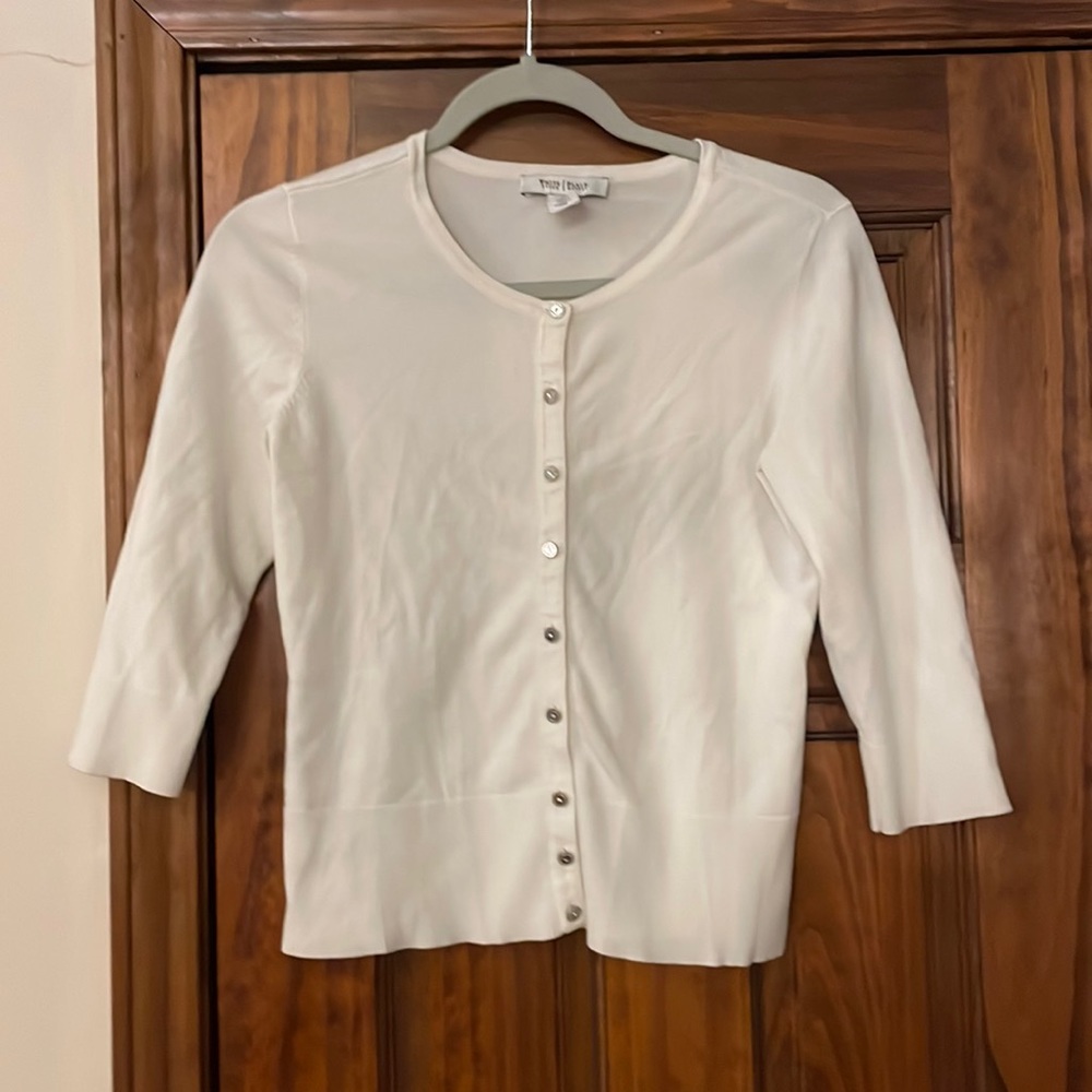3/4 sleeve cardigan with silver and rhinestone buttons.